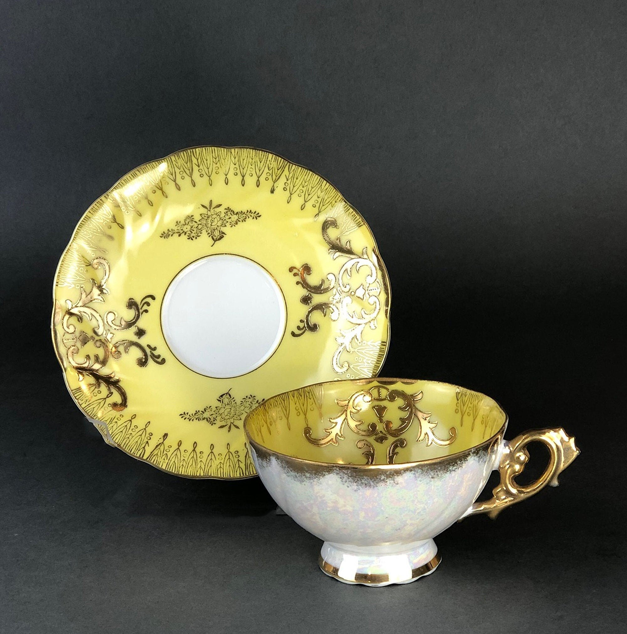 Vintage Royal Sealy Japan Lusterware Teacup and Saucer - Yellow & Gold Iridescent MCM