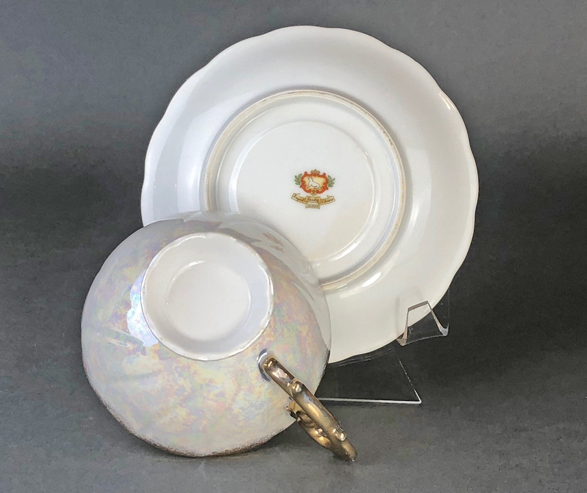 Vintage Royal Sealy Japan Lusterware Teacup and Saucer - Yellow & Gold Iridescent MCM