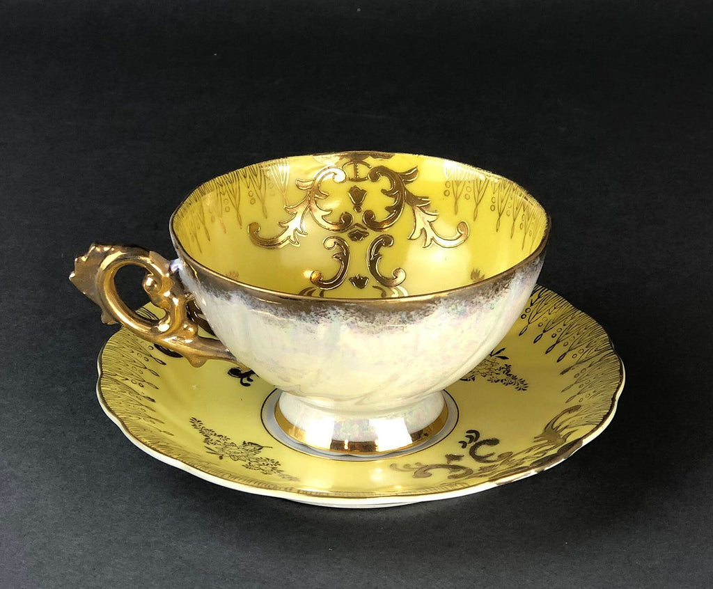 Vintage Royal Sealy Japan Lusterware Teacup and Saucer - Yellow & Gold Iridescent MCM