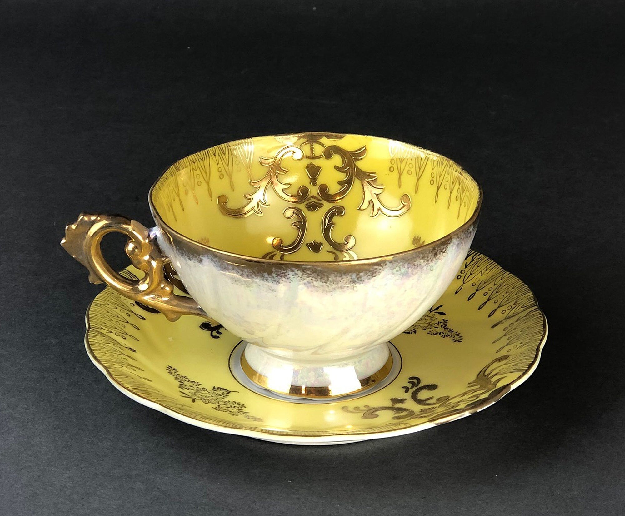 Vintage Royal Sealy Japan Lusterware Teacup and Saucer - Yellow & Gold Iridescent MCM