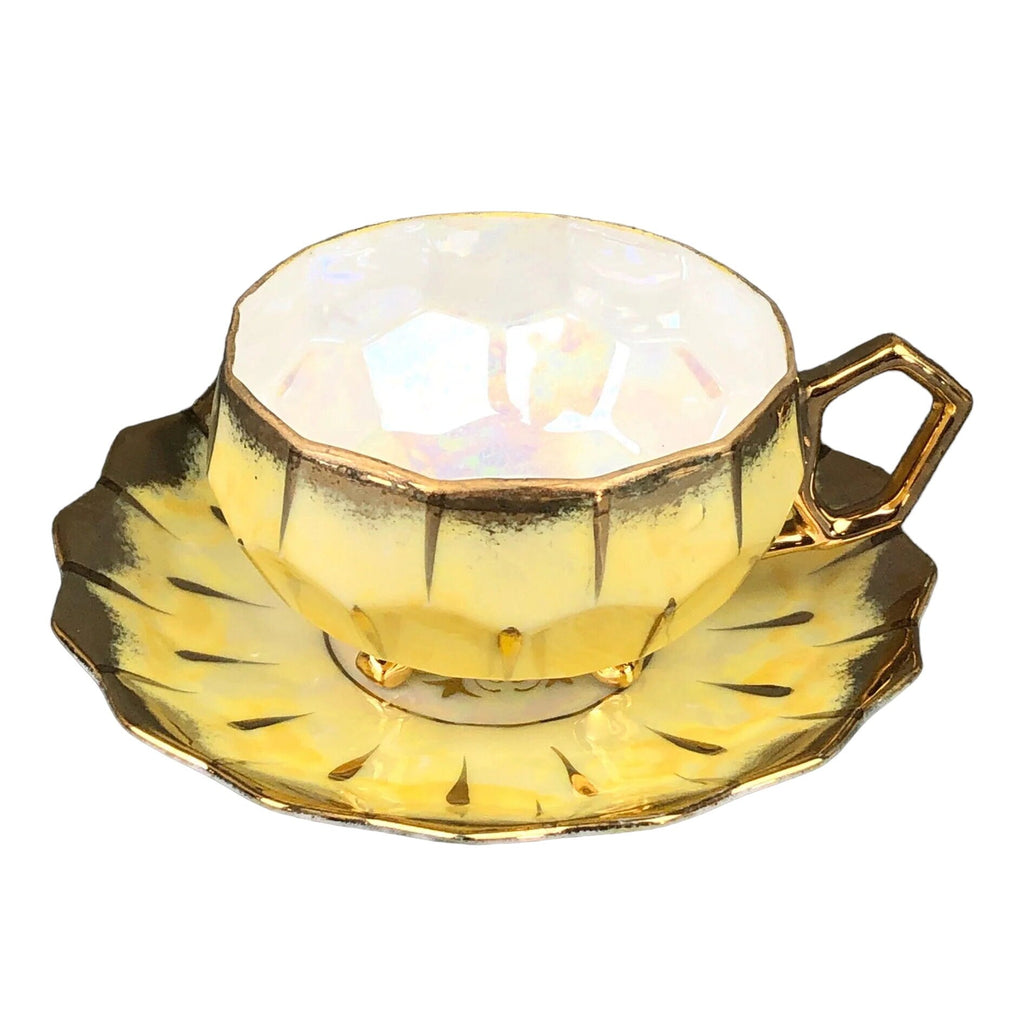 Vintage Royal Sealy Japan Lusterware Teacup and Saucer - Yellow & Gold Iridescent MCM
