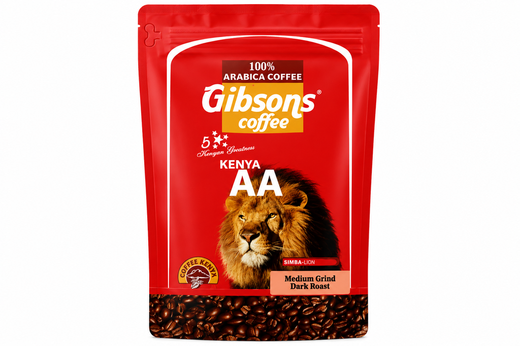A red stand-up pouch of Gibson's Coffee Kenya AA Arabica coffee beans, featuring a lion graphic on the front and a clear window at the bottom showing the dark roasted coffee beans inside.