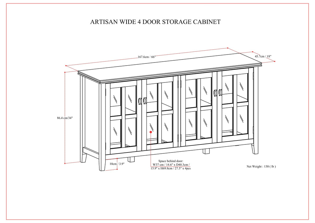 Artisan 66 Inch Wide Solid Wood Wide 4 Door Storage Cabinet in Russet