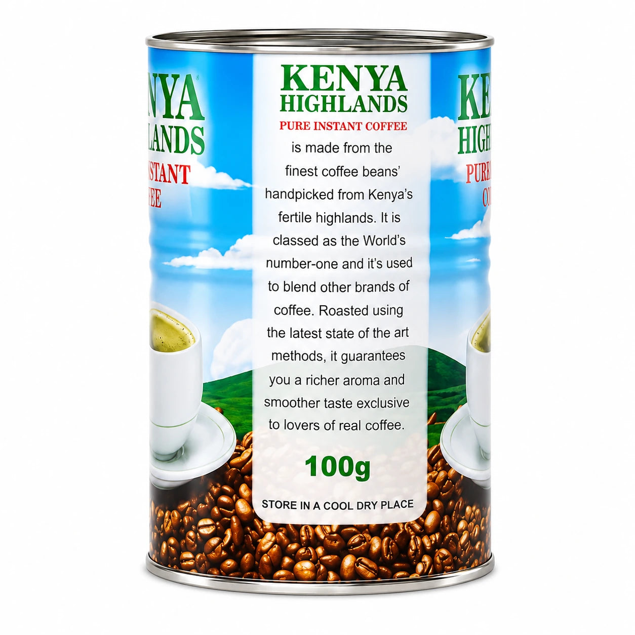 Kenya Highlands Pure Instant Coffee 100g tin featuring bright sky-blue packaging, green Kenya Highlands branding, red Pure Instant Coffee lettering, white clouds, Kenyan highlands landscape, coffee cup imagery, roasted coffee beans, Kenyan flag, KEBS mark, 100g quantity, and cool dry storage instruction, displayed upright against a clean white background for Shopify product photography and Google Images. 