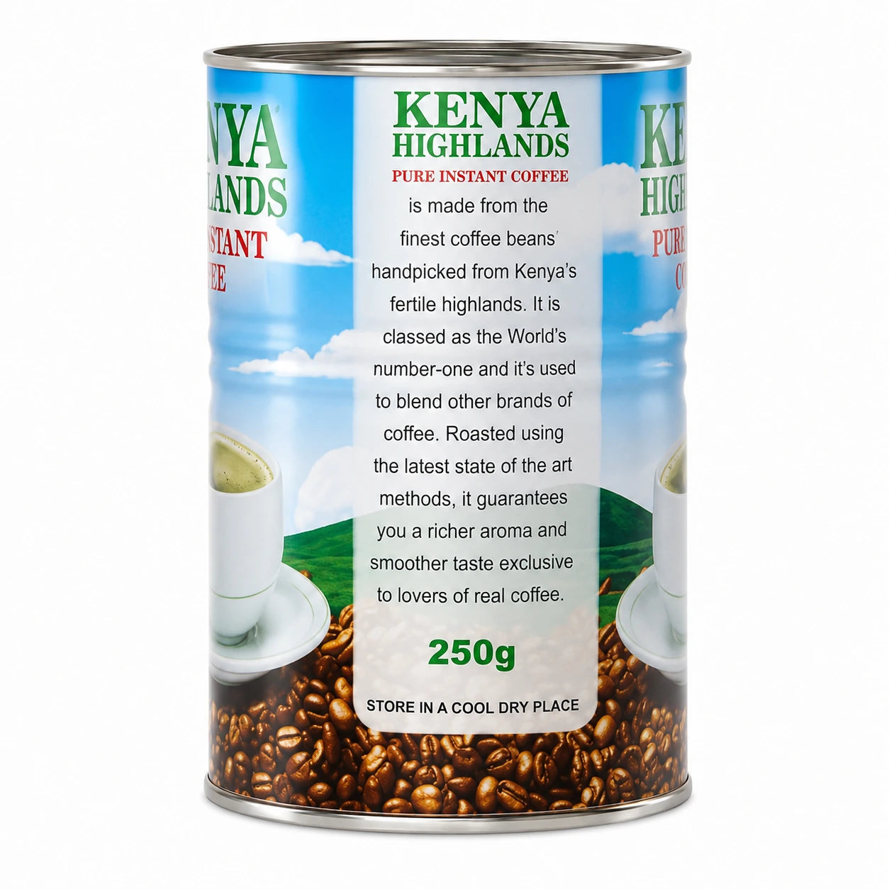 Kenya Highlands Pure Instant Coffee 250g tin showing the rear product label with blue sky and cloud design, green Kenyan highlands landscape, coffee cup imagery, roasted coffee beans, detailed product information, 250g quantity, and cool dry storage instruction, presented upright on a clean white background for Shopify product photography and Google Images.