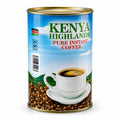 Kenya Highlands Pure Instant Coffee 250g tin featuring bright sky-blue packaging, green Kenya Highlands lettering, red Pure Instant Coffee text, Kenyan flag, KEBS mark, barcode, green highland landscape, white coffee cup and saucer, roasted coffee beans, and metallic silver rims, displayed upright against a clean white background for Shopify product photography and Google Images. 