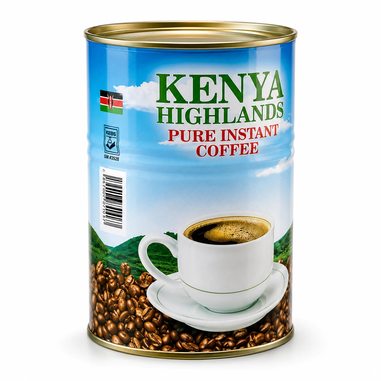 Kenya Highlands Pure Instant Coffee 250g canister featuring blue sky and Kenyan highlands scenery, green hills, roasted coffee beans, Kenyan flag, KEBS mark, barcode, and white coffee cup graphic, displayed upright against a clean white background for Shopify product photography and Google Images.