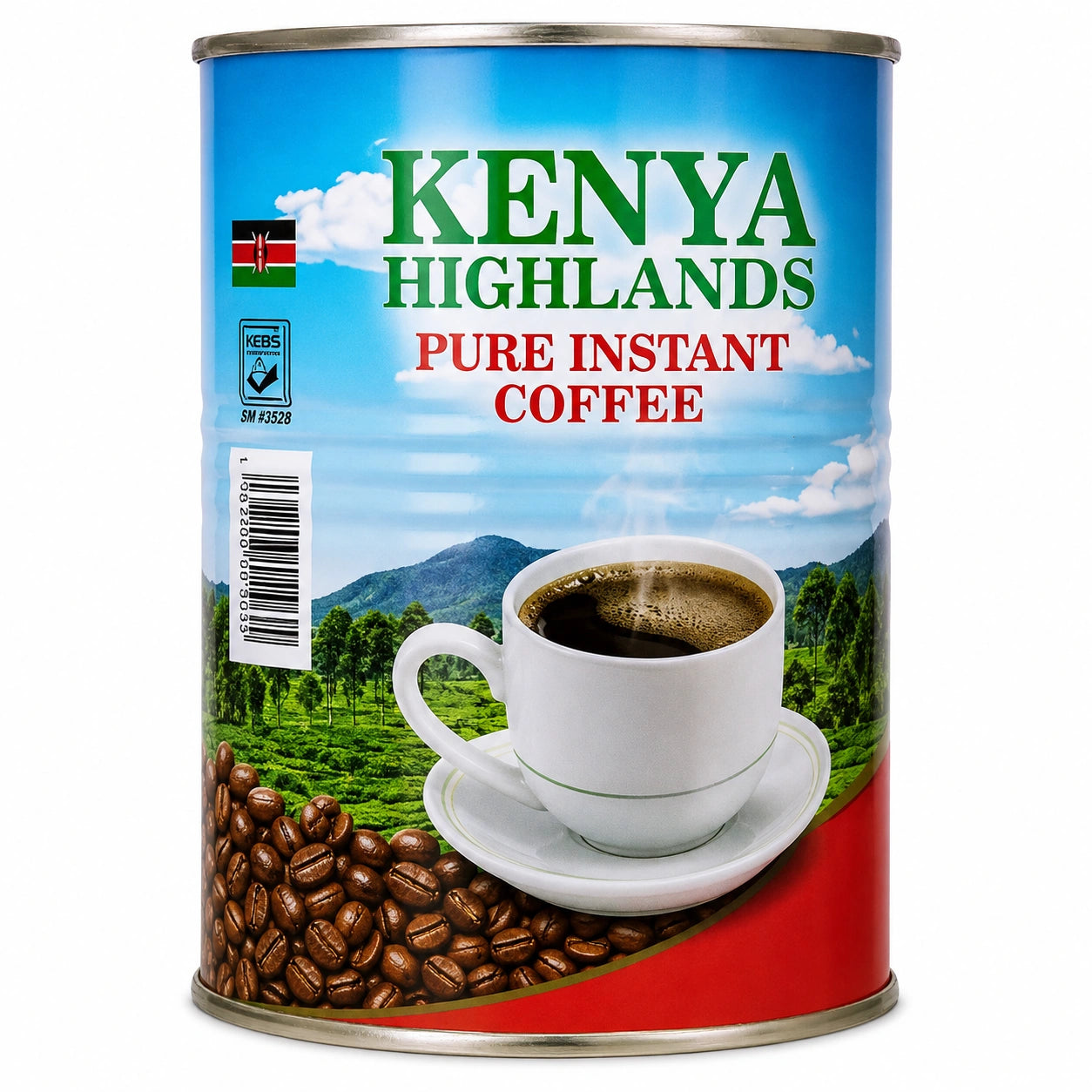 Kenya Highlands Pure Instant Coffee tin featuring bright blue sky and white clouds, green Kenyan highlands landscape, bold green Kenya Highlands branding, red Pure Instant Coffee lettering, Kenyan flag, KEBS mark, barcode, white coffee cup and saucer, roasted coffee beans, red lower label section, and metallic tin rims, displayed upright against a clean white background for Shopify product photography and Google Images.