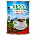 Kenya Highlands Pure Instant Coffee 100g tin featuring bright sky-blue packaging, green Kenya Highlands lettering, red Pure Instant Coffee text, Kenyan flag, KEBS mark, barcode, green highland landscape, white coffee cup and saucer, roasted coffee beans, and metallic silver rims, displayed upright against a clean white background for Shopify product photography and Google Images.