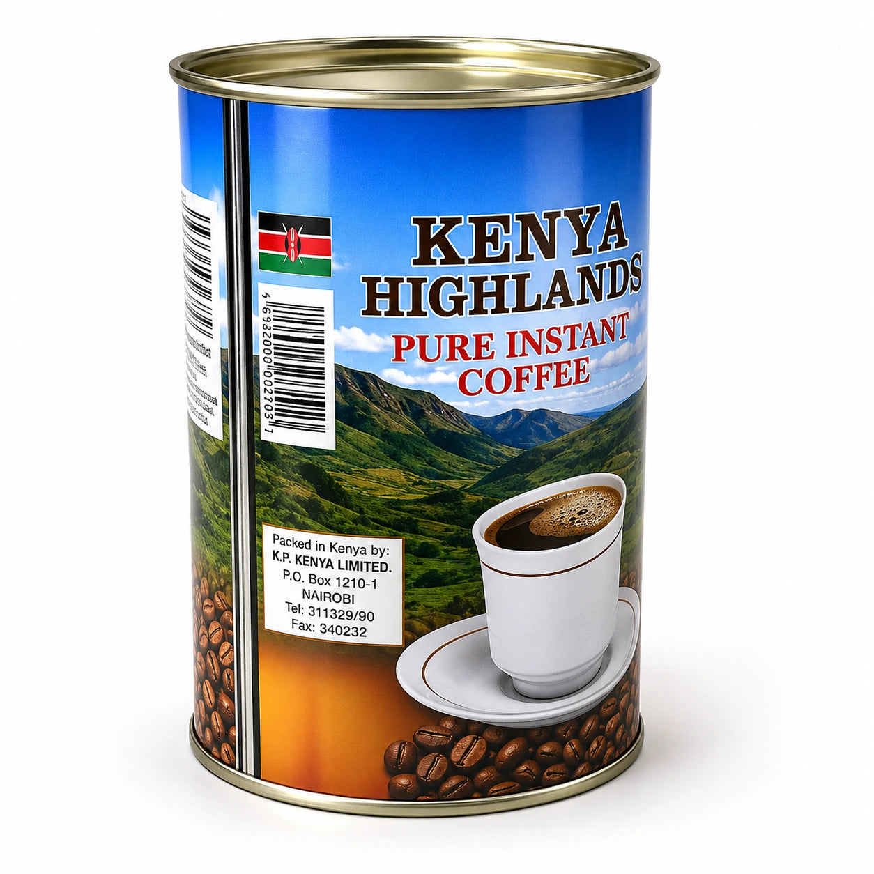 Kenya Highlands Pure Instant Coffee canister featuring blue sky, Kenyan highland scenery, green coffee-growing landscape, white coffee cup and saucer, red lower packaging, gold-toned metal rims, and Kenya Highlands Pure Instant Coffee branding, displayed upright against a clean white background for Shopify product photography and Google Images. 