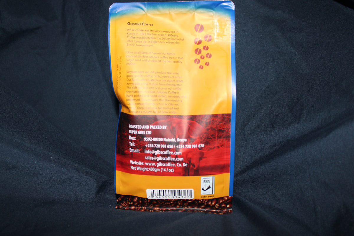 Premium Kenyan Arabica whole bean coffee from Gibsons, medium roast coffee with bright acidity and fruity flavor, ideal for espresso, French press, pour over, or drip brewing.