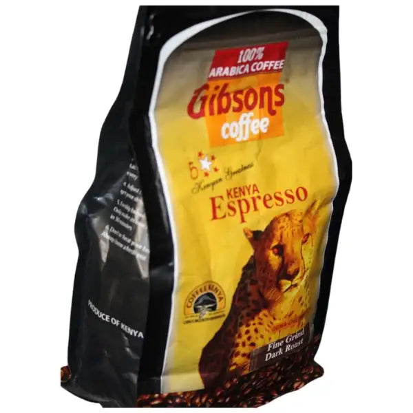 Gibsons Coffee Kenya Espresso Fine Grind Dark Roast 400g - World Safari Shops. Premium Kenyan espresso coffee from Gibsons, dark roast fine grind coffee with intense flavor, rich aroma, low acidity, and deep chocolate notes for home espresso brewing.