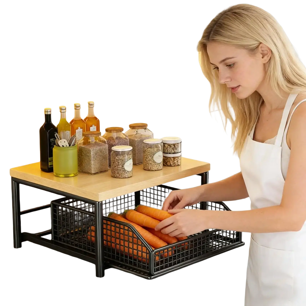 Kitchen Countertop Organizer Shelf Wood and Metal Wire Mesh