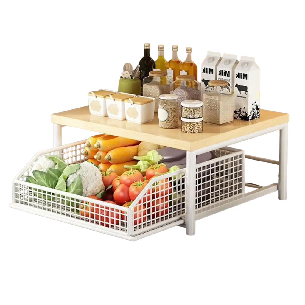 Kitchen Countertop Organizer Shelf Wood and Metal Wire Mesh