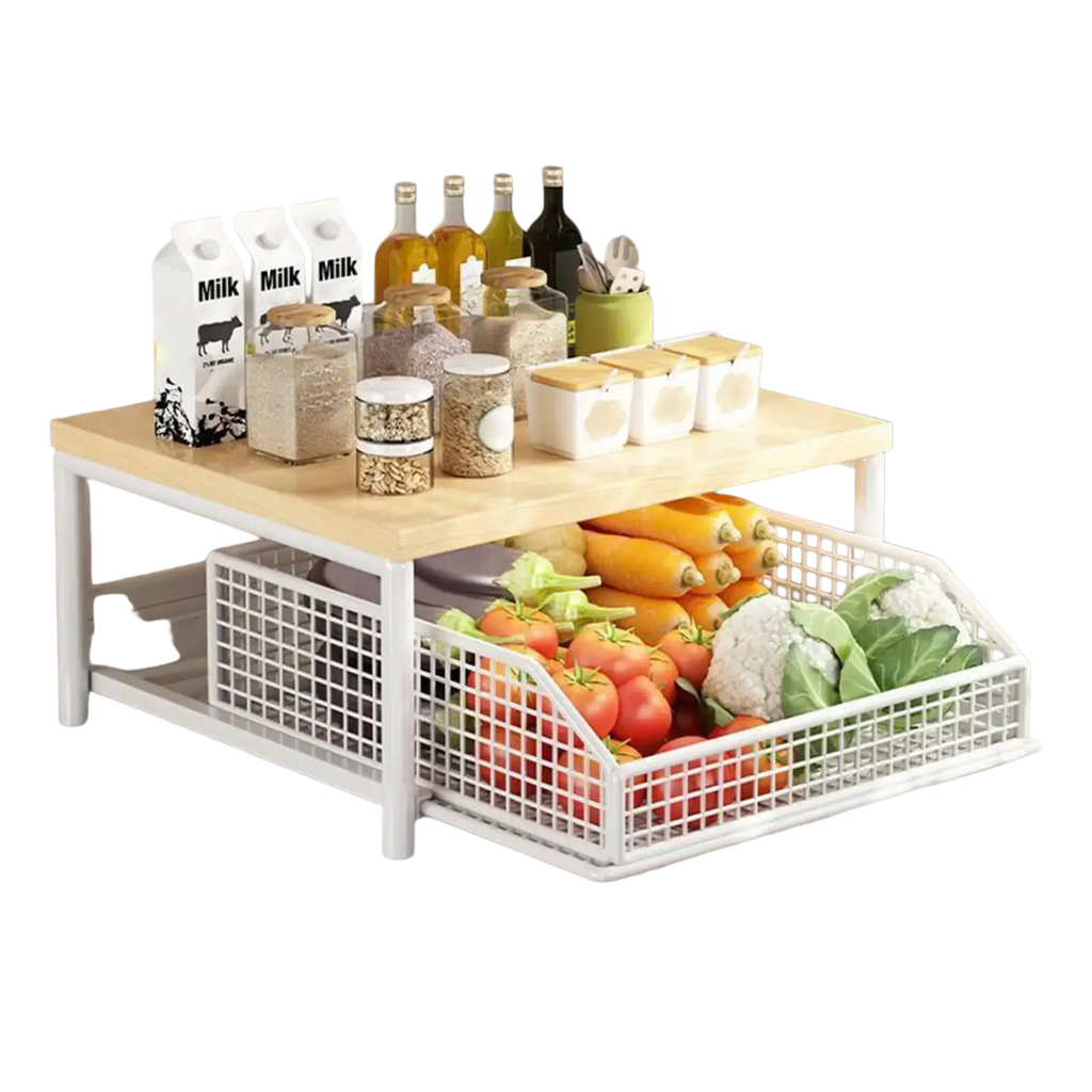 Kitchen Countertop Organizer Shelf Wood and Metal Wire Mesh