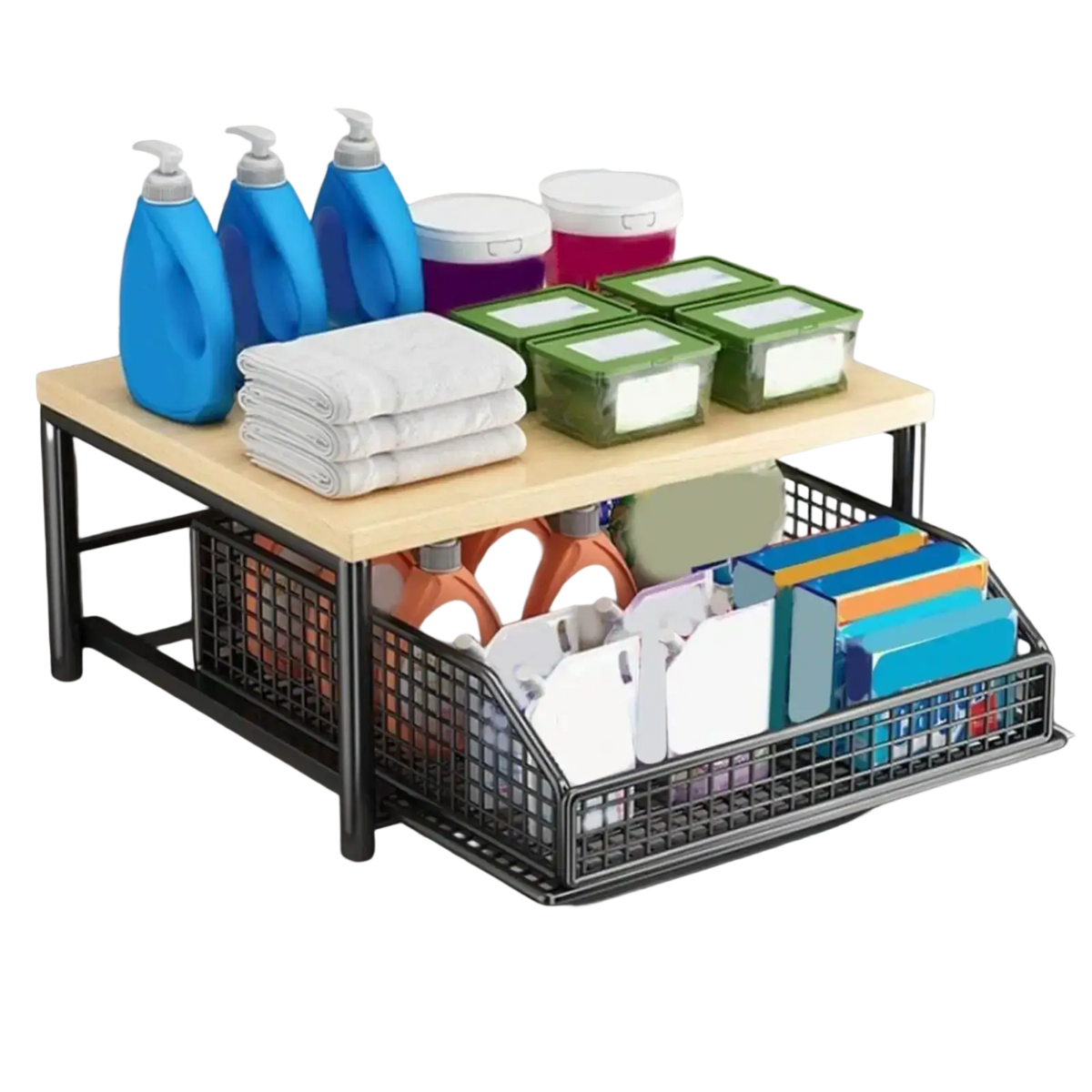 Kitchen Countertop Organizer Shelf Wood and Metal Wire Mesh