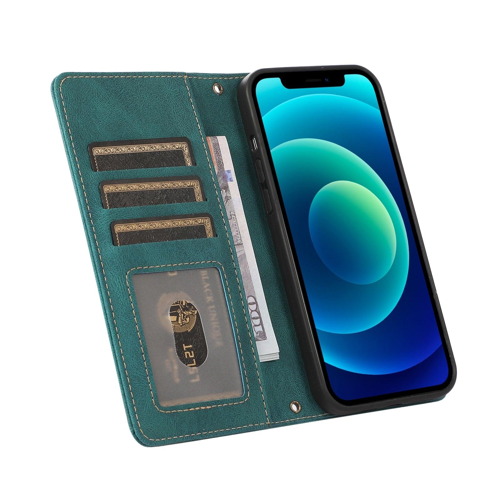 Luxury Leather Green Case For iPhone 13 12 Mini 11 Pro XS Max XR SE 7 8 Plus 6 6s Wallet Flip Card Shoulder Strap Phone Bag Cover Vintage Solid Color PU Leather Flip Cover for iPhone
