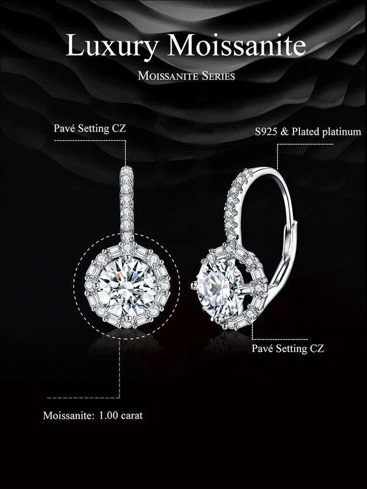 Round Halo Moissanite Leverback Earrings in Silver