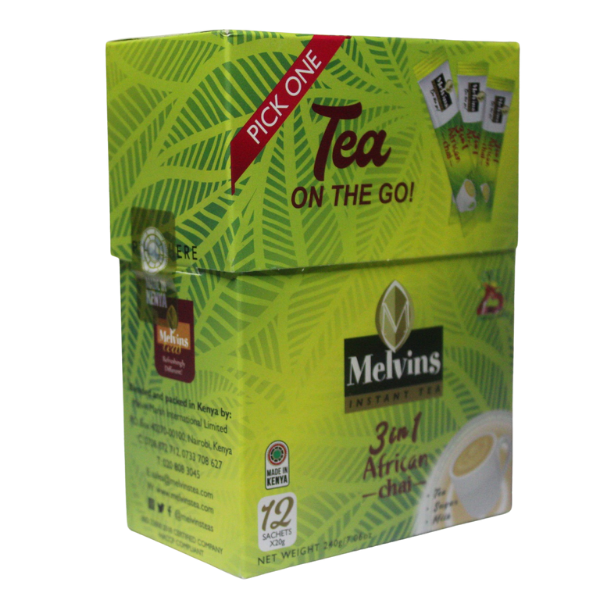 Melvins 3 in 1 African Chai green box front angled view showing PICK ONE banner Tea ON THE GO text and 12 sachets