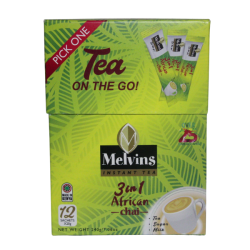 Front view of Melvins 3 in 1 African Chai green box showing Tea ON THE GO text and Melvins brand logo 12 sachets