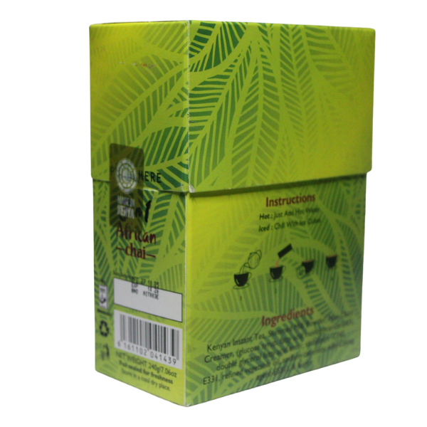 Right side angled view of Melvins 3 in 1 African Chai green box showing side panel with barcode