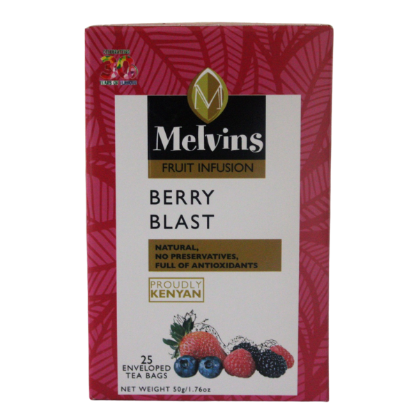Full front view of Melvins Berry Blast tea box