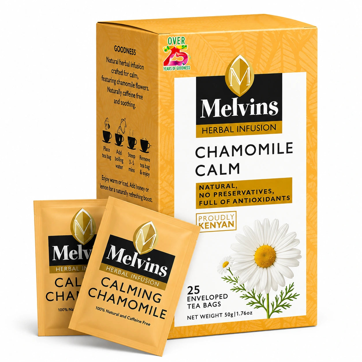 Melvins Chamomile Calm 25 tea bags, chamomile herbal tea, caffeine free herbal tea, Melvins herbal infusion, chamomile tea bags, calming chamomile tea, relaxing herbal tea, bedtime tea, wellness tea, floral herbal tea, natural herbal infusion, Kenyan herbal tea, chamomile infusion, caffeine free tea, herbal tea bags, enveloped tea bags, chamomile flower tea, soothing herbal tea, evening herbal tea, daily herbal tea, natural herbal tea, chamomile beverage, hot herbal tea, iced herbal tea, floral tea infusion
