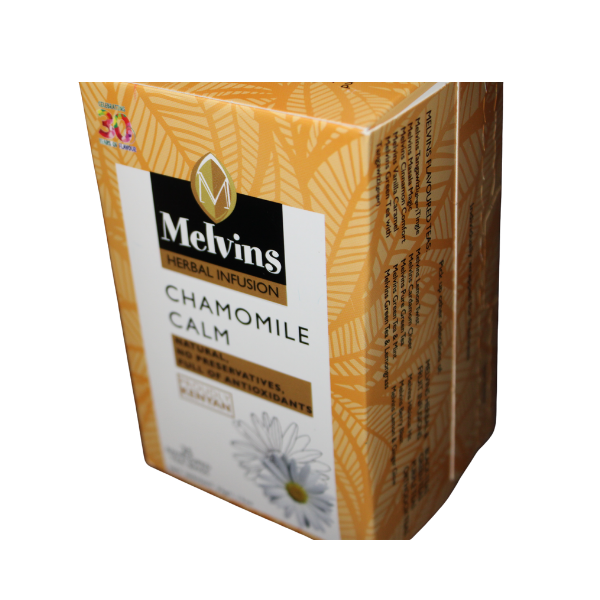 Front side packaging of Melvins Chamomile Calm herbal infusion tea
