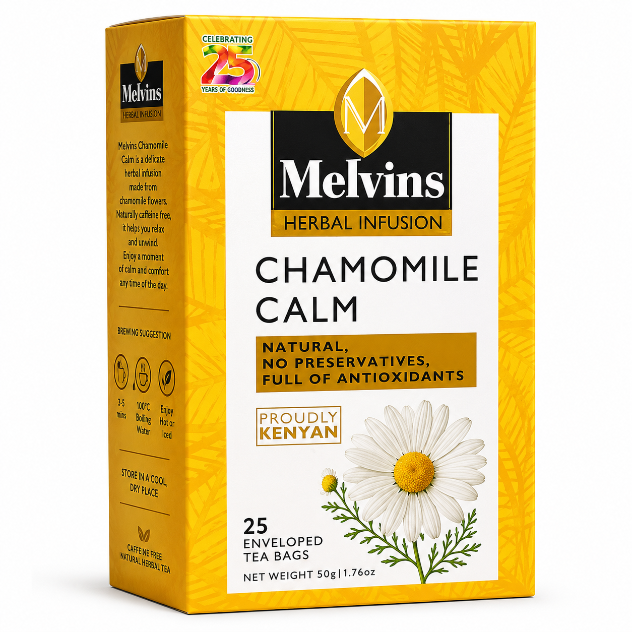 Melvins Chamomile Calm Tea Bags 25 count, chamomile herbal tea, caffeine free herbal tea, chamomile tea bags, Melvins herbal infusion, chamomile calm tea, relaxing herbal tea, bedtime tea, calming tea, wellness tea, soothing herbal tea, floral herbal tea, natural herbal infusion, Kenyan herbal tea, caffeine free tea, chamomile flower tea, herbal tea bags, individually enveloped tea bags, chamomile beverage, evening herbal tea, daily herbal tea, natural herbal tea, hot herbal tea, iced herbal tea, floral tea