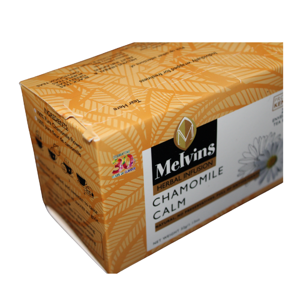 Horizontal front packaging view of Melvins Chamomile Calm tea bags