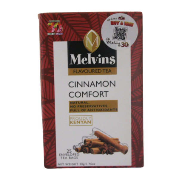 Front close-up of Melvins Cinnamon Comfort tea box showing cinnamon sticks and flavored tea branding