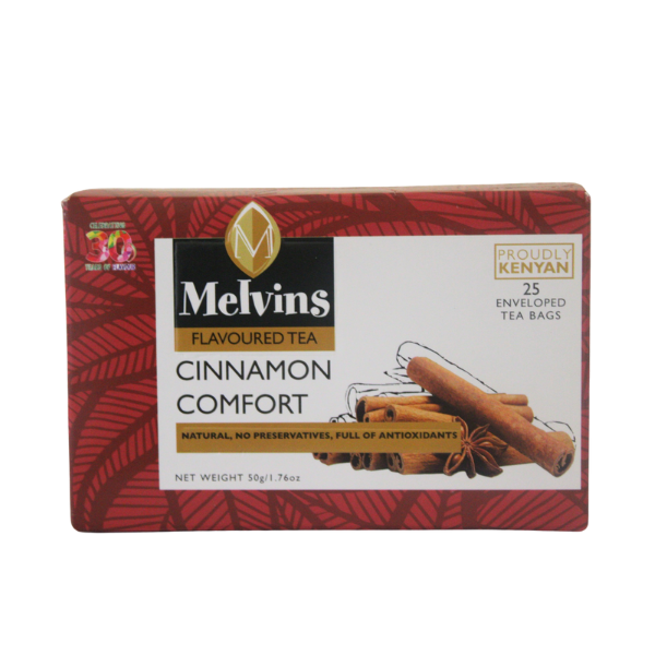 Horizontal front view of Melvins Cinnamon Comfort tea box