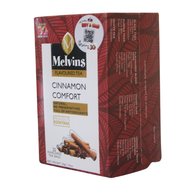 Three-quarter angle view of Melvins Cinnamon Comfort tea packaging