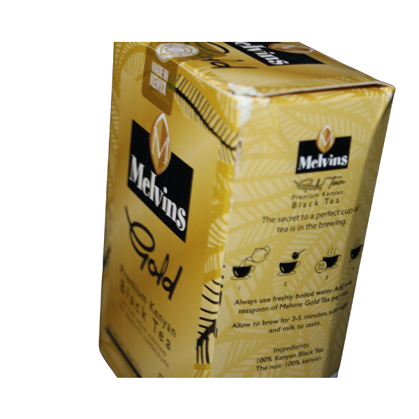 Side panel of Melvins Gold box displaying brewing guide cup icons