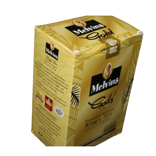 Melvins Gold Kenya black tea 500g side angle gold packaging Proudly Kenyan