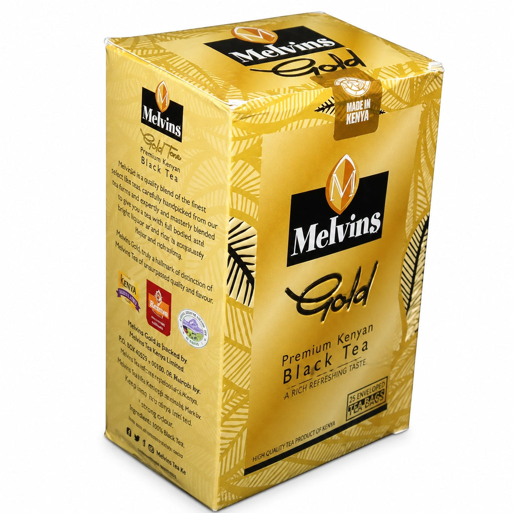 Melvins Gold Premium Kenyan Black Tea 25 Enveloped Tea Bags product image showing the gold Melvins Gold tea package from World Safari Shops, with Premium Kenyan Black Tea branding, rich refreshing taste messaging, Made in Kenya marking, black tea packaging, and the original front and side package design, suitable for U.S. shoppers searching for Kenyan tea, premium black tea, Melvins tea, Kenyan tea bags, and authentic Kenyan tea products.