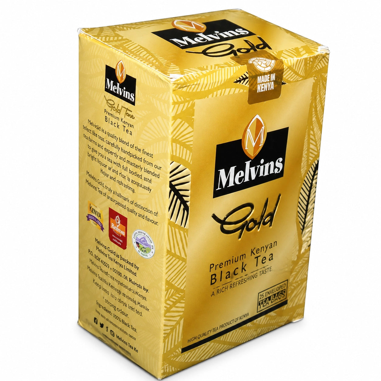Melvins Gold Premium Kenyan Black Tea 25 Enveloped Tea Bags product image showing the gold Melvins Gold tea package from World Safari Shops, with Premium Kenyan Black Tea branding, rich refreshing taste messaging, Made in Kenya marking, black tea packaging, and the original front and side package design, suitable for U.S. shoppers searching for Kenyan tea, premium black tea, Melvins tea, Kenyan tea bags, and authentic Kenyan tea products.