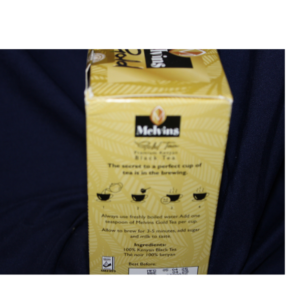 Melvins Gold Kenya black tea 500g back of box with product description text