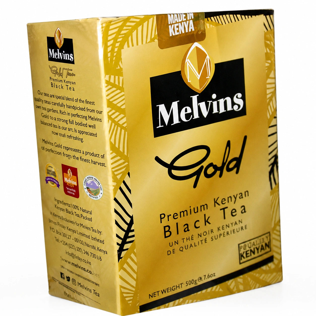 Melvins Gold Premium Kenyan Black Tea 500g in original gold packaging, featuring the Melvins logo, Gold branding, Premium Kenyan Black Tea product name, Made in Kenya marking, Kenyan tea design, black tea information, and visible 500g product packaging, photographed from the original three-quarter camera angle against a clean white background for a Shopify Kenyan tea product listing.