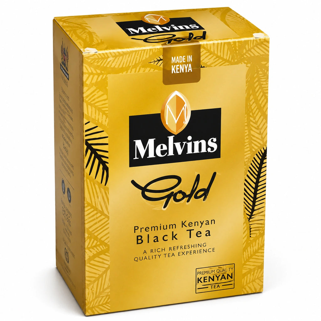 Melvins Gold Premium Kenyan Black Tea 500g in gold packaging, featuring the Melvins Gold logo, Made in Kenya label, premium Kenyan black tea wording, botanical leaf design and premium quality Kenyan tea badge, shown in a clean three-dimensional product presentation for World Safari Shops.