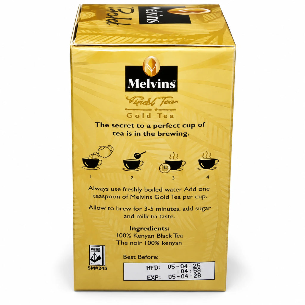 Melvins Gold Tea Kenyan black tea box showing the back packaging panel with brewing instructions, ingredients information, preparation steps, Kenyan black tea details, KEBS marking, and manufacturing and expiry information on the gold tea package. The product packaging features the Melvins logo, Gold Tea branding, illustrated tea preparation steps, instructions to use freshly boiled water, and guidance for brewing the tea before adding sugar and milk to taste. The image presents the authentic product