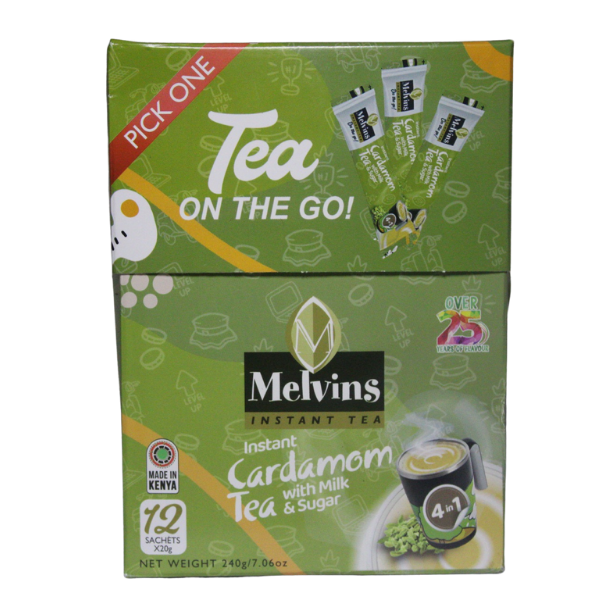  Large front of green Melvins box showing Tea On The Go, Instant Cardamom Tea 4 in 1, 19 sachets, Made in Kenya, 240g