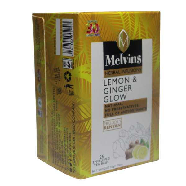 Front angle view of Melvins Lemon and Ginger Glow tea packaging