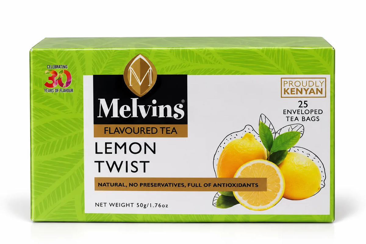 Melvins Lemon Twist Tea Bags 25 count, flavored Kenyan black tea with refreshing lemon citrus flavor, aroma and clean finish for US shoppers seeking lemon tea bags, lemon black tea, citrus tea, authentic Kenyan tea, breakfast tea or refreshing beverages. 