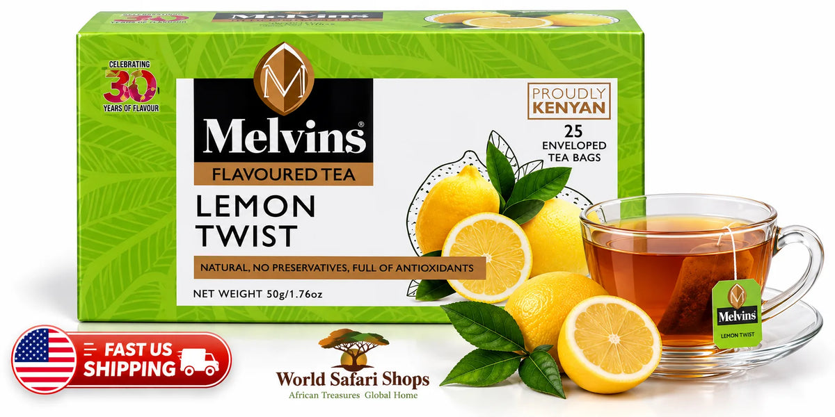 Melvins Lemon Twist Tea Bags 25 count, Kenyan flavored black tea with bright lemon citrus notes, premium tea bags for US shoppers seeking authentic Kenyan tea, refreshing lemon tea, breakfast tea, iced tea, hot tea, and convenient everyday beverages.