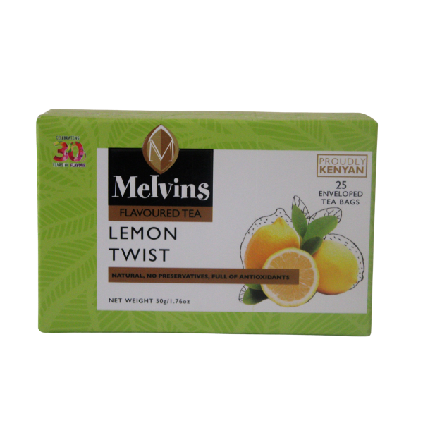 Front horizontal view of Melvins Lemon Twist tea box showing lemon slices and flavored tea branding