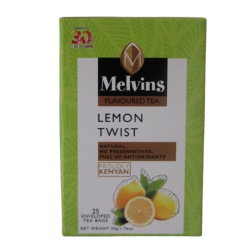 Front view of Melvins Lemon Twist tea packaging