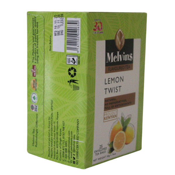 Side angle view of Melvins Lemon Twist tea box packaging