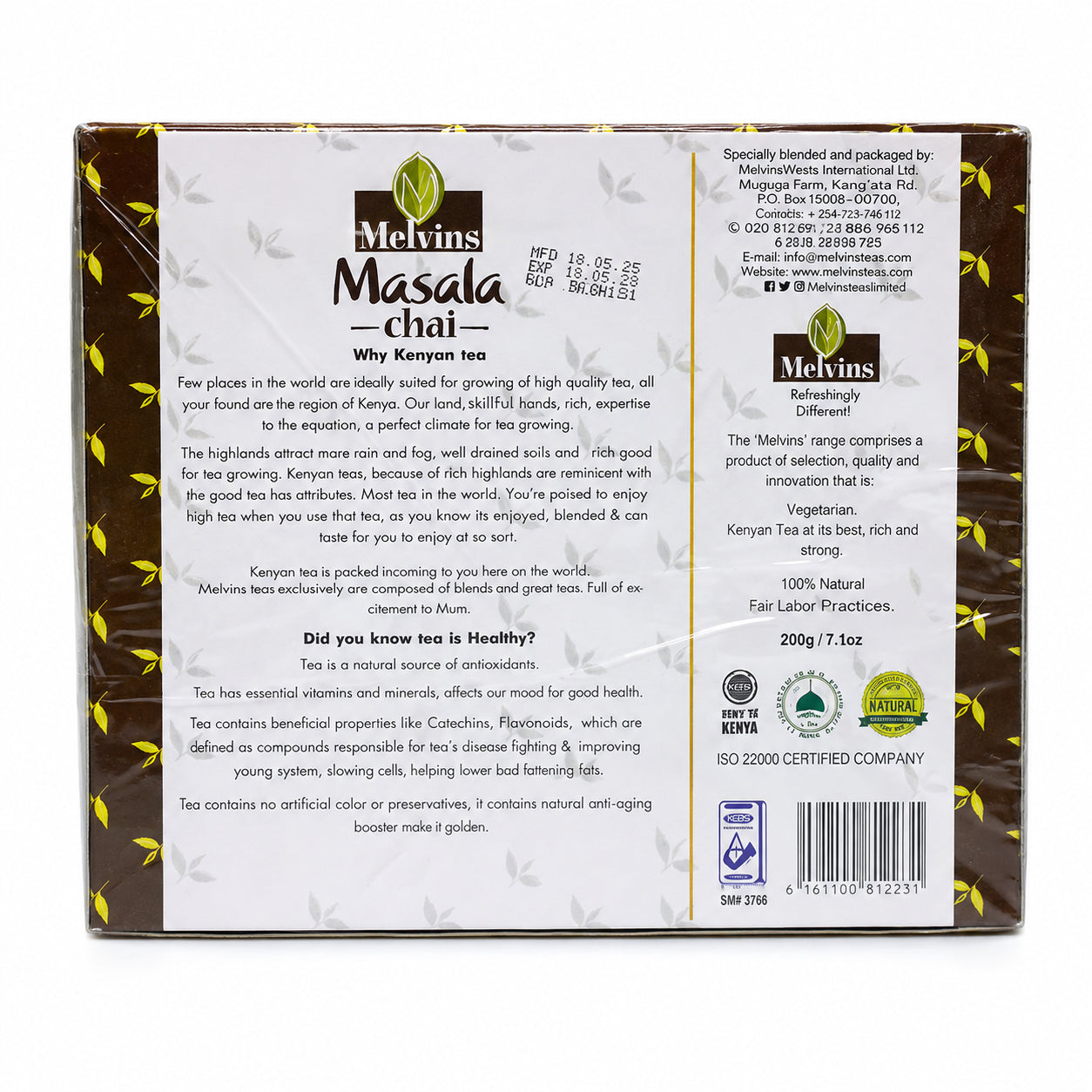 Melvins Masala Chai Tea Bags 100s box showing the back packaging with Kenyan masala chai details and product information