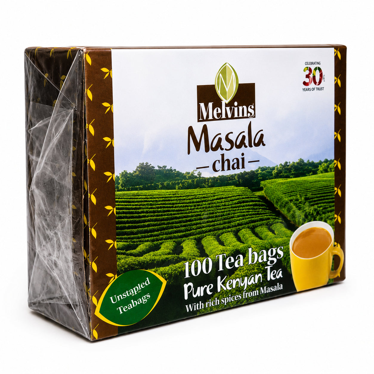 Melvins Masala Chai Tea Bags 100s featuring pure Kenyan black tea blended with ginger and cinnamon, presented in the original Melvins Masala chai tea box packaging. The front of the box shows 100 tea bags, Pure Kenyan Tea, rich spices from Masala, an unstapled teabags badge, Kenyan tea plantation imagery, and the Melvins branding. The packaged tea is shown at its original angled position with visible plastic wrapping, brown patterned side panel, realistic product depth,